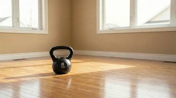 A single 8kg kettlebell resting on a wooden floor in a quiet room, representing the simplicity of minimalist strength training.
