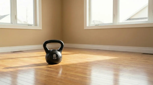 A single 8kg kettlebell resting on a wooden floor in a quiet room, representing the simplicity of minimalist strength training.