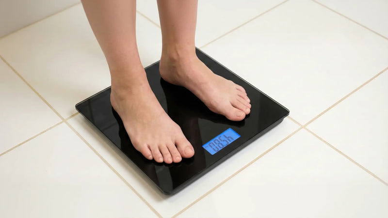Bathroom scale on a bathroom floor showing a weight reading