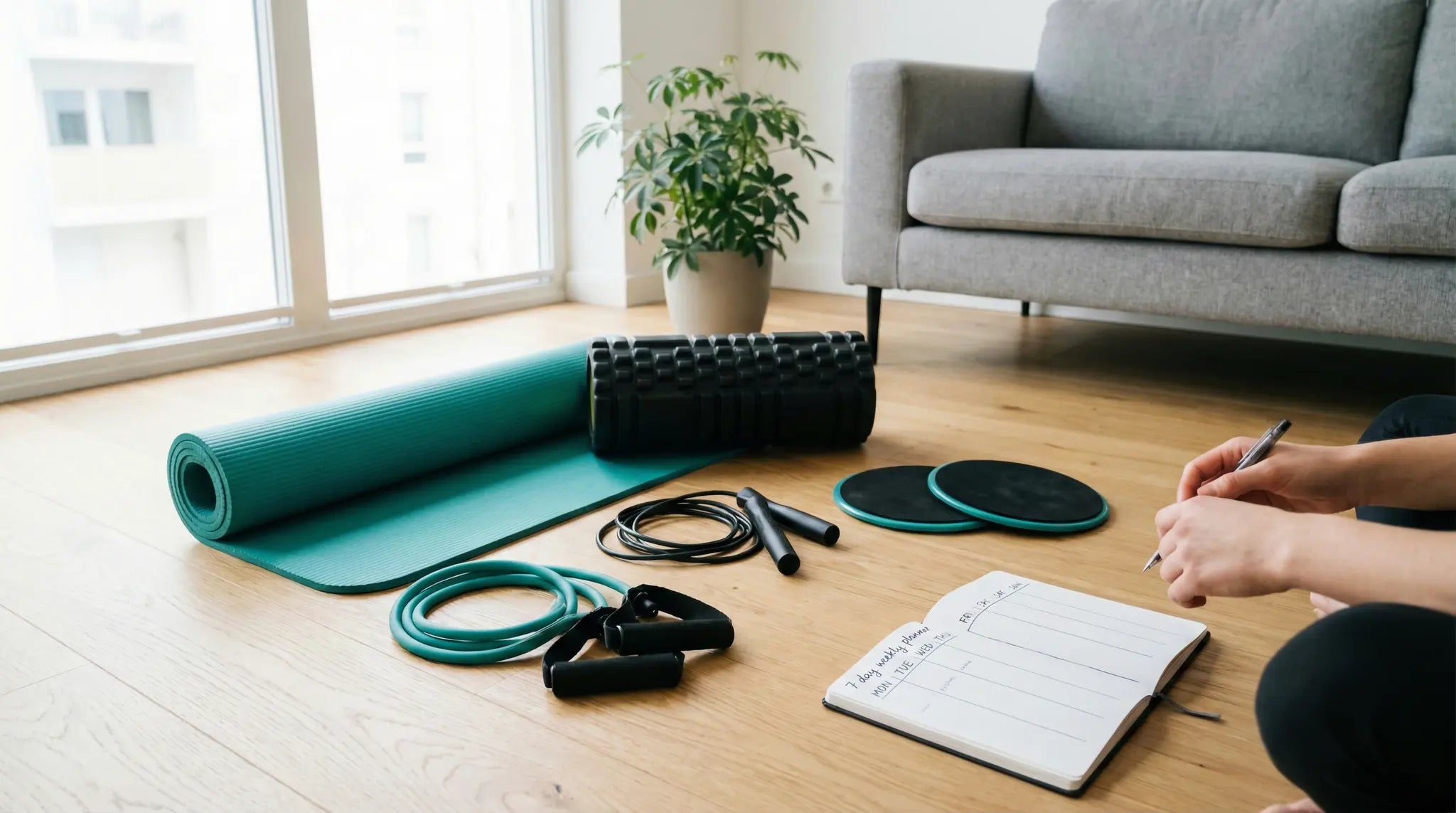 Home workout equipment laid out on wooden floor with resistance bands, jump rope, foam roller, yoga mat, and gliding discs next to an open workout journal