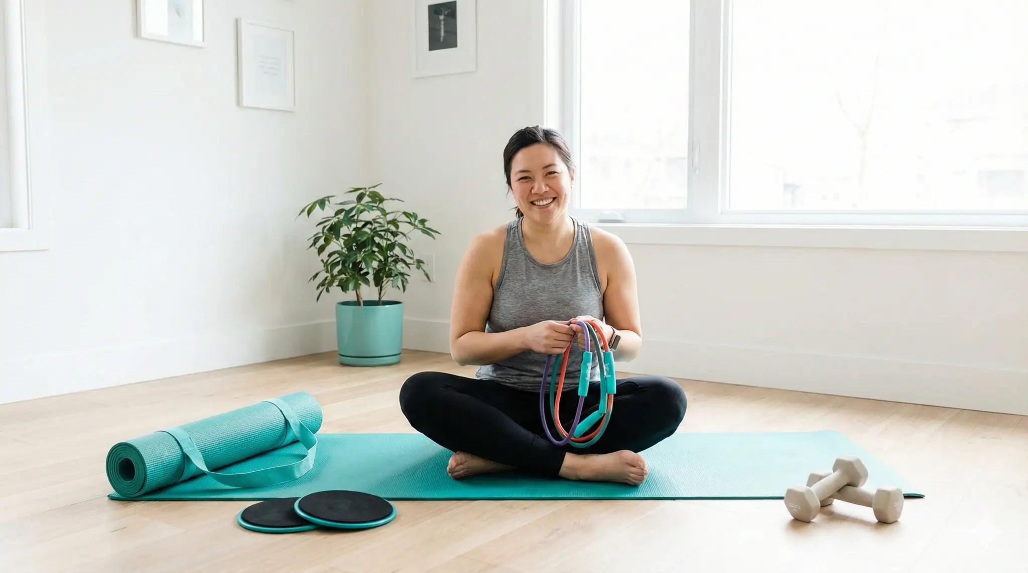 Beginner doing home workout with resistance bands on yoga mat in living room