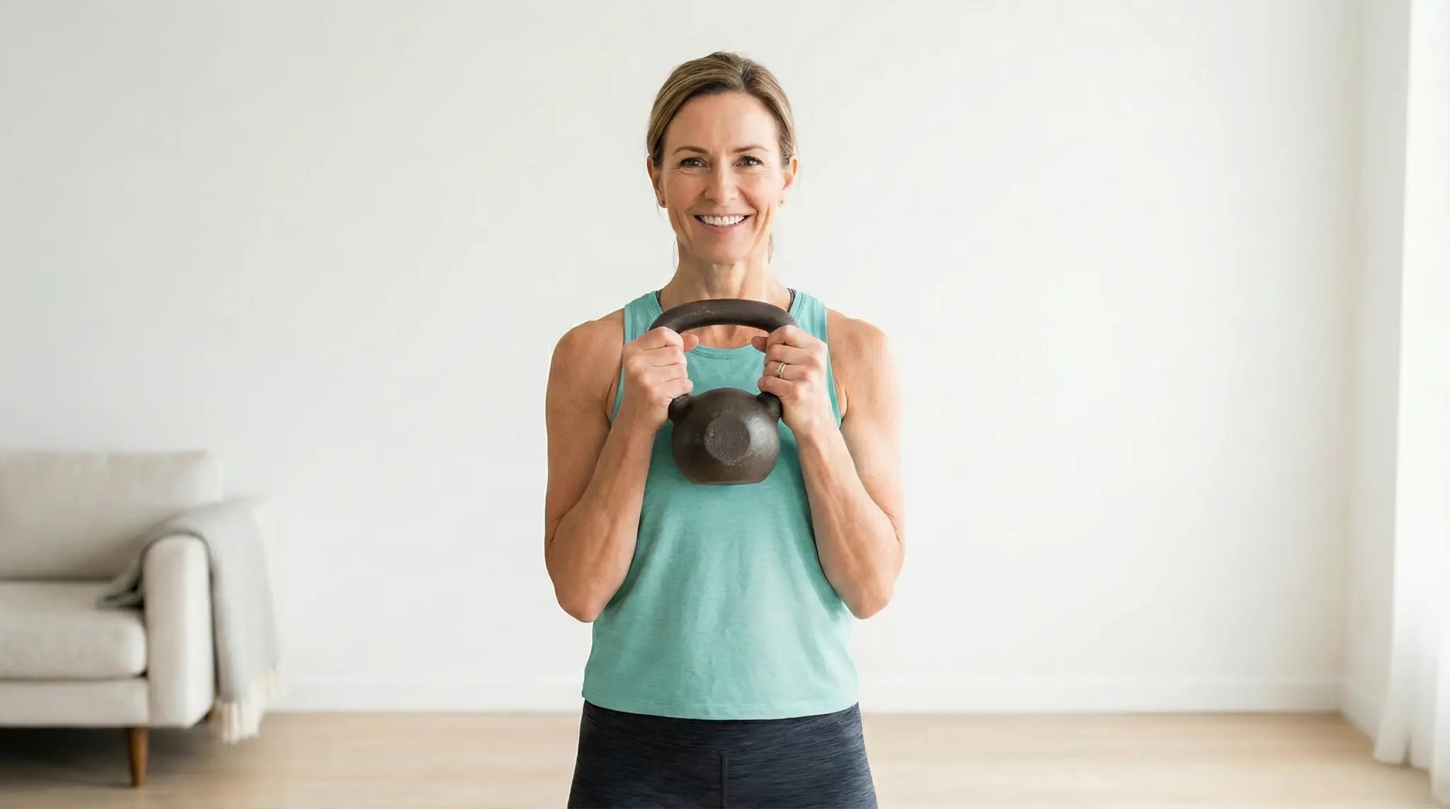A smiling woman holding a kettlebell in a bright living room, demonstrating accessible strength training at home.