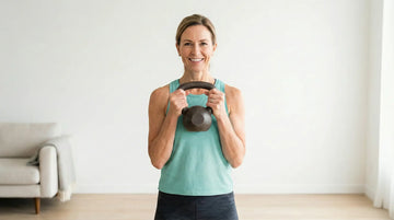 A smiling woman holding a kettlebell in a bright living room, demonstrating accessible strength training at home.