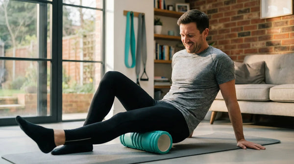 Person foam rolling their leg muscles to reduce delayed onset muscle soreness after workout