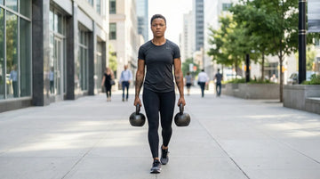 Person performing a loaded carry with kettlebells in an everyday urban setting, demonstrating functional strength for real-life movement