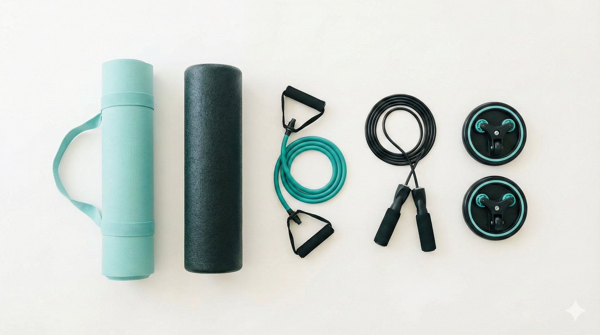 Five essential home fitness items including tube resistance band, skipping rope, wheeled core sliders, yoga mat and foam roller arranged on light background