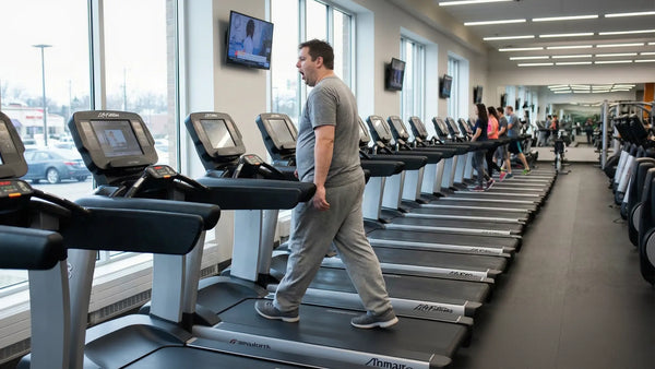 Man yawning with boredom as he struggles with a treadmill cardio session.