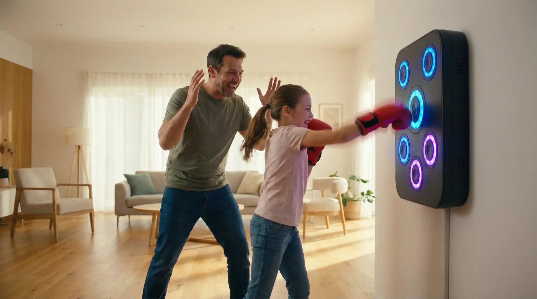 Father and daughter playing a gamified workout on a wall-mounted smart music boxing machine with light-up LED targets in a bright living room.