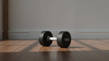 Modern rubber dumbbell resting on a wooden floor in a home training space