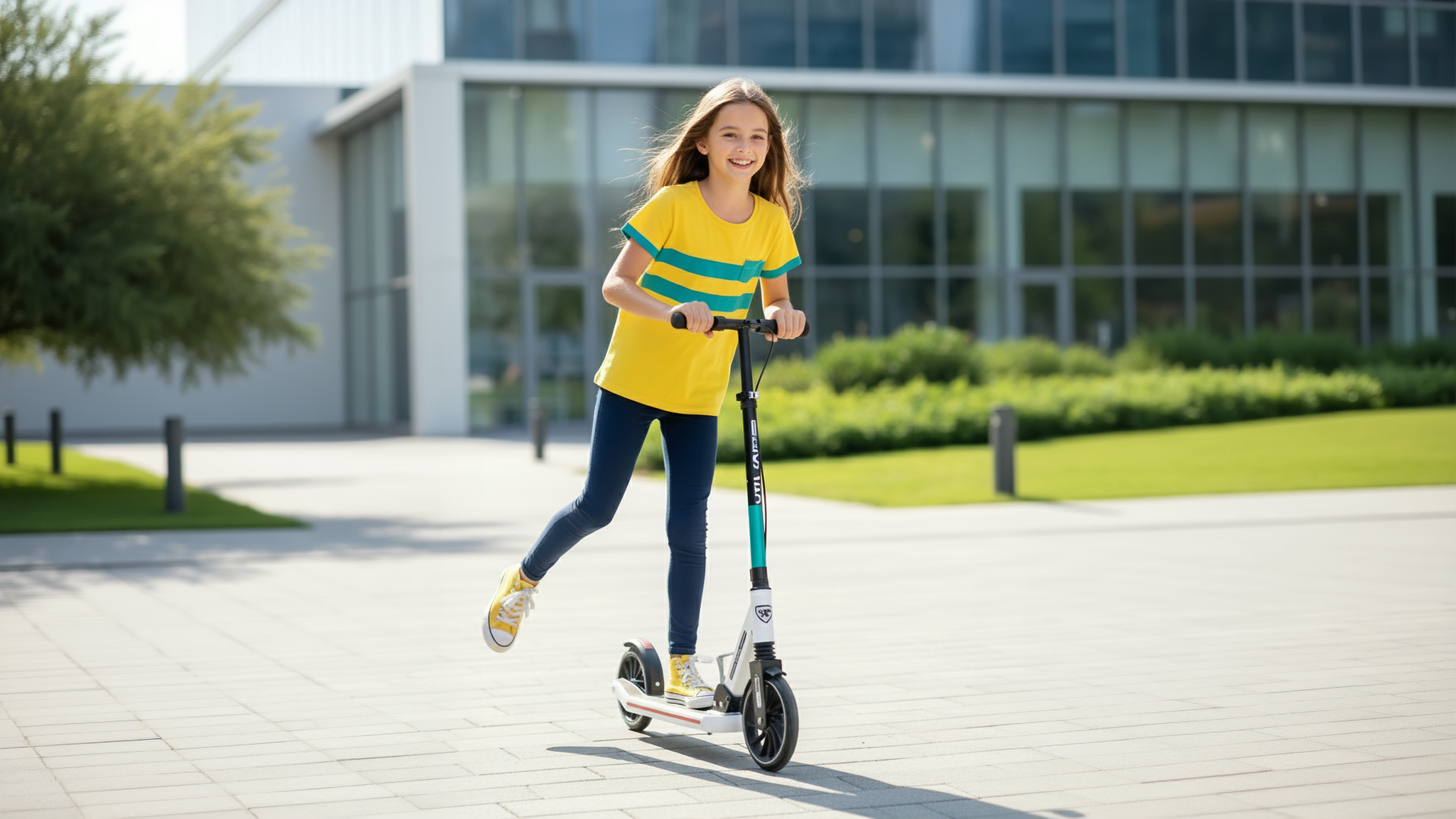child in a yellow shirt smiles while actively riding a white kick scooter outdoors, showing fun, energetic, off-screen play.
