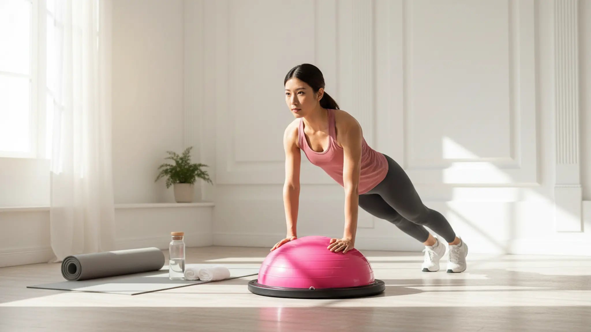 Woman performing a core balance push-up on a pink stability half-ball trainer (balance dome) in a modern, well-lit living room. This highlights fun, at-home conditioning and stability training.