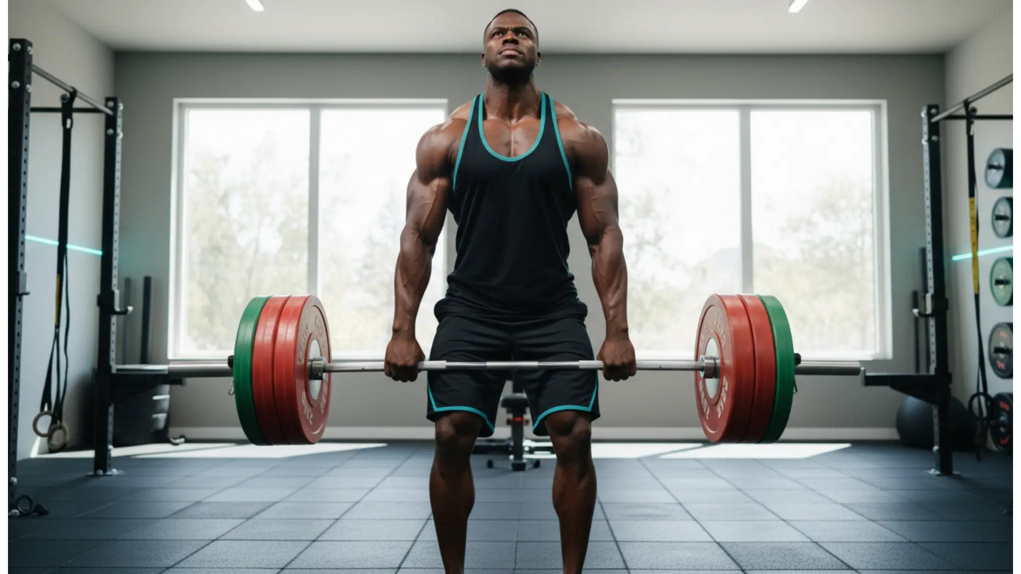 Intense deadlift of heavy, rubber weight plates on a 2.2m chrome barbell in minimalist home gym. Man wears teal-accented performance wear, highlighting serious strength training.