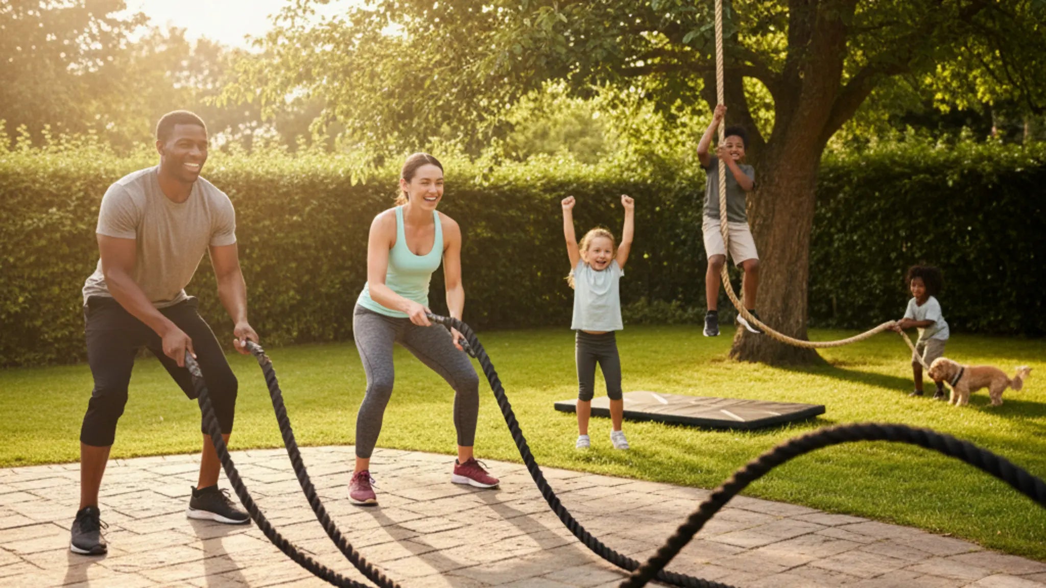 Family using battle ropes and climbing rope in backyard garden - parents exercising while children play and climb outdoors.