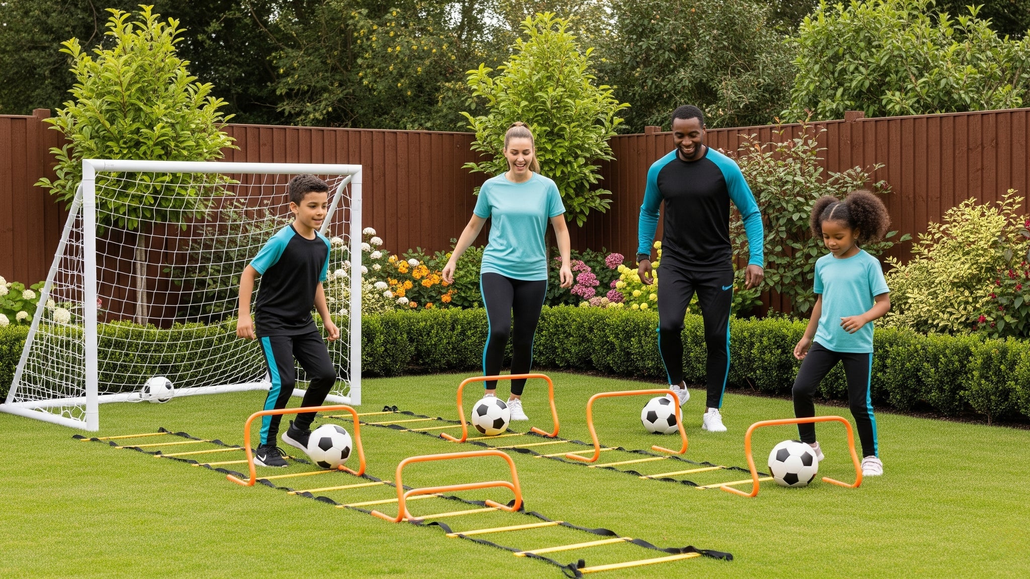A happy family doing fun football drills together in their home garden, using an agility ladder and mini hurdles. This shows active, off-screen play and fun skill-building for the whole family.
