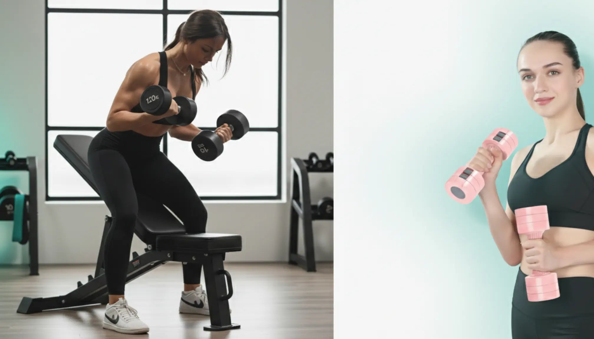 Fixed vs. Adjustable Dumbbells Banner: woman on left uses round weights for strength; woman on right uses pink adjustable weights for conditioning. Home gym scene.