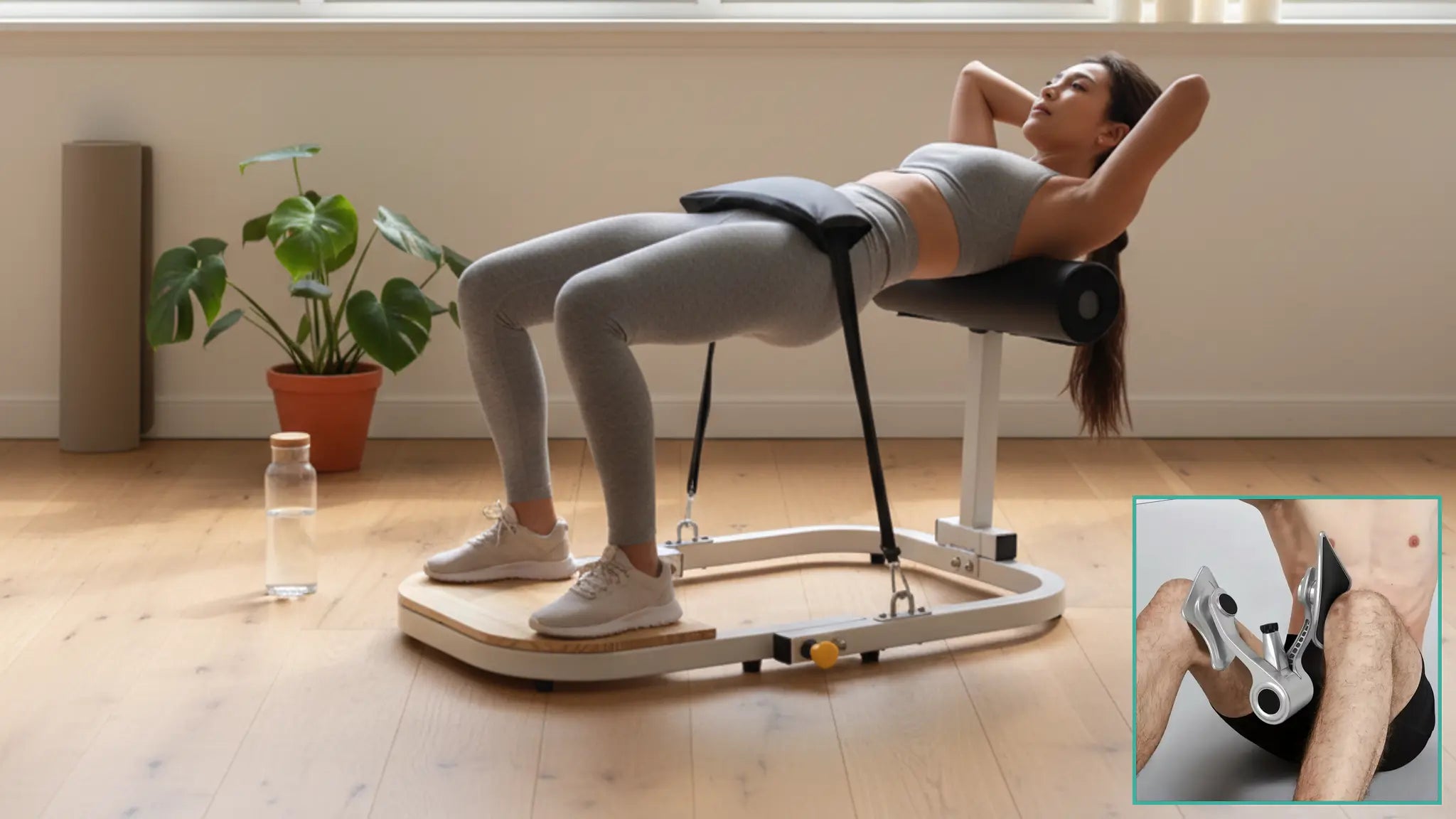 Woman performing hip thrusts on a compact home machine in a bright living room. The inset shows a pelvic floor trainer accessory. This highlights comprehensive core and hip strength training for accessible home wellness.