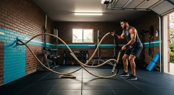 Man using battle ropes for functional training in a home garage gym with weights and mats.