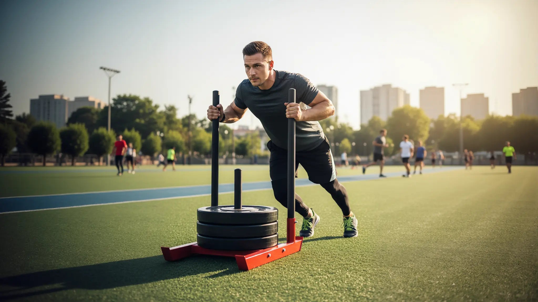 Athlete pushing weighted sled during outdoor strength training workout