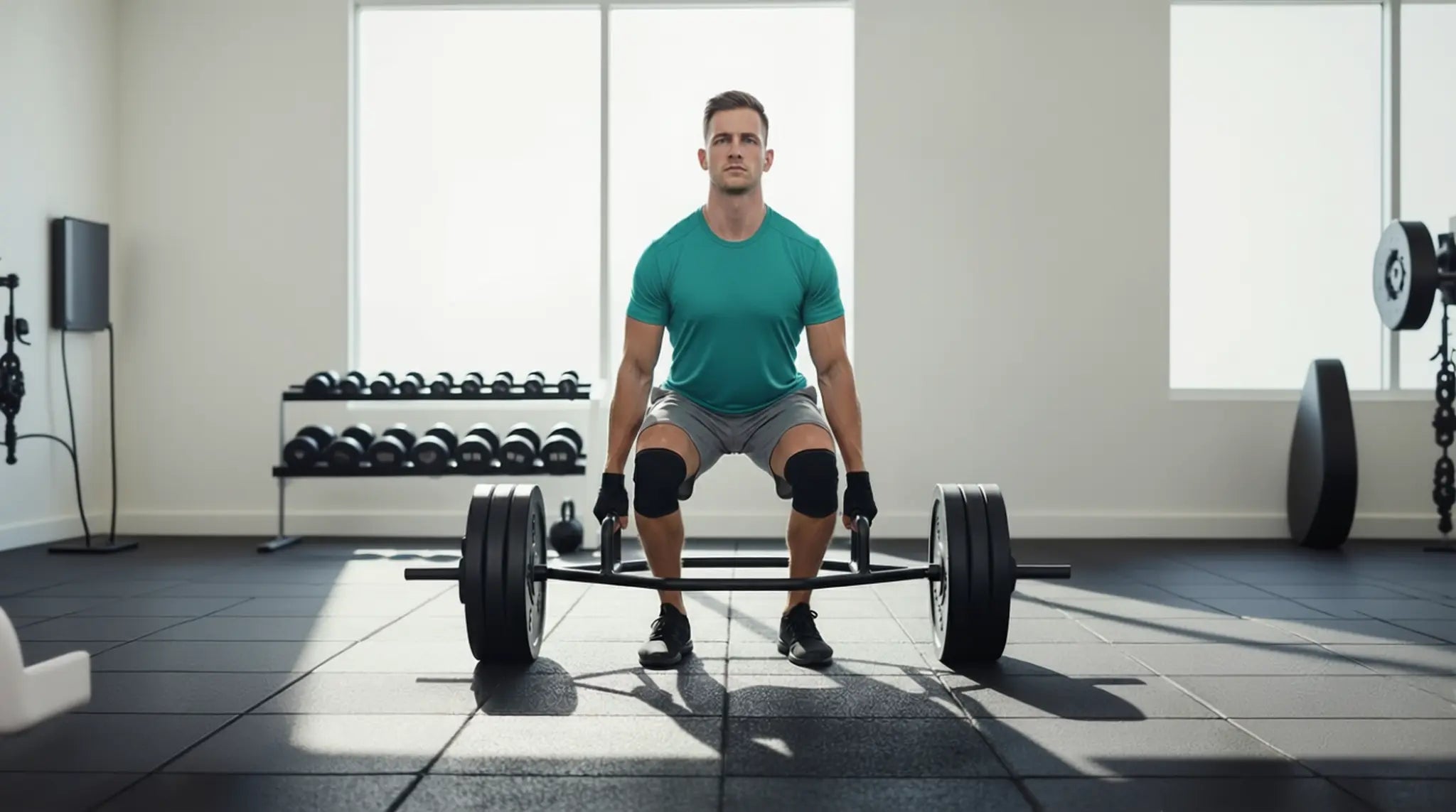 Man performing a trap bar deadlift with correct, safe form, lifting the bar with a flat back in a bright home gym.