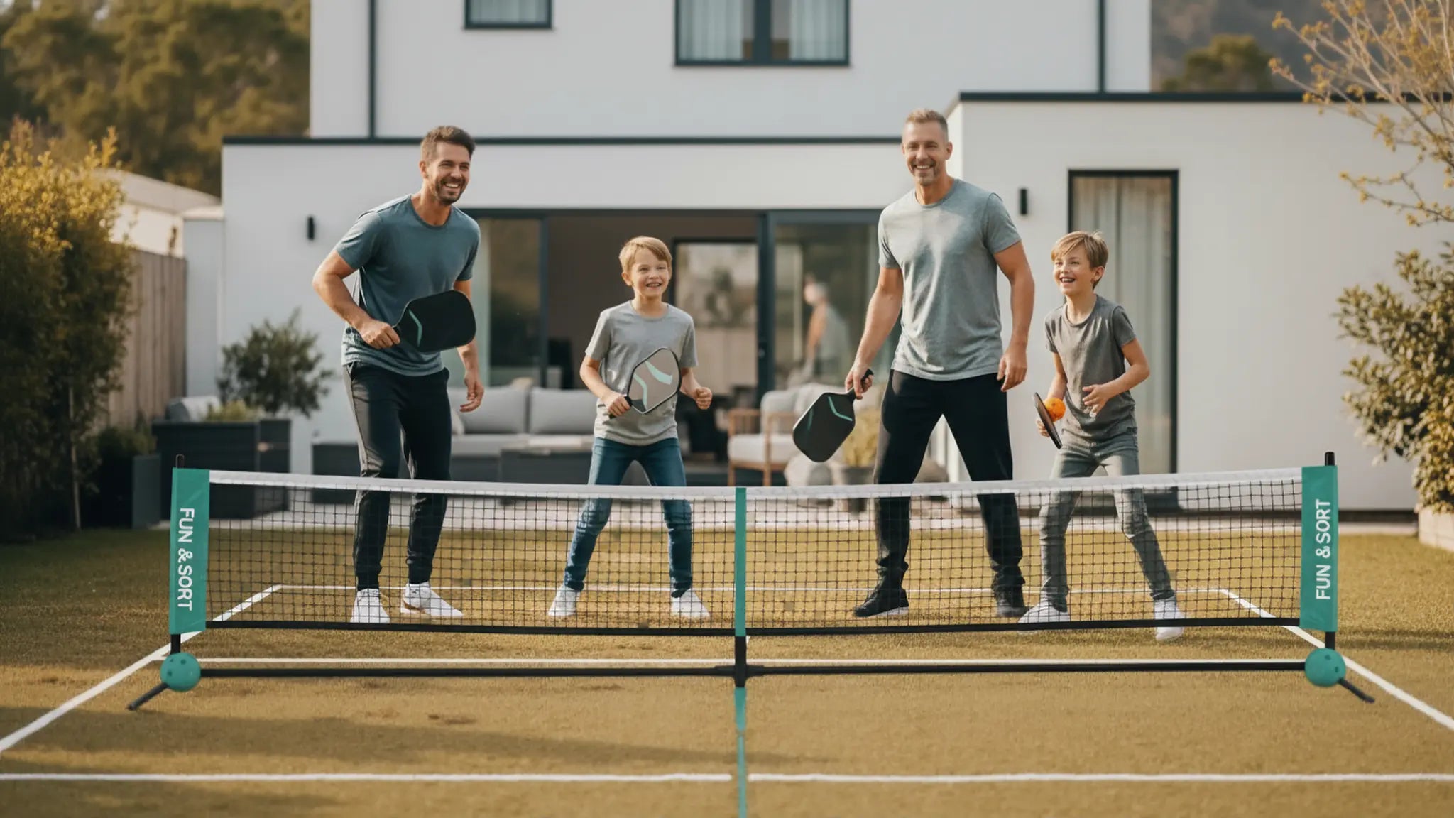 Family playing pickleball in backyard with paddles and portable net