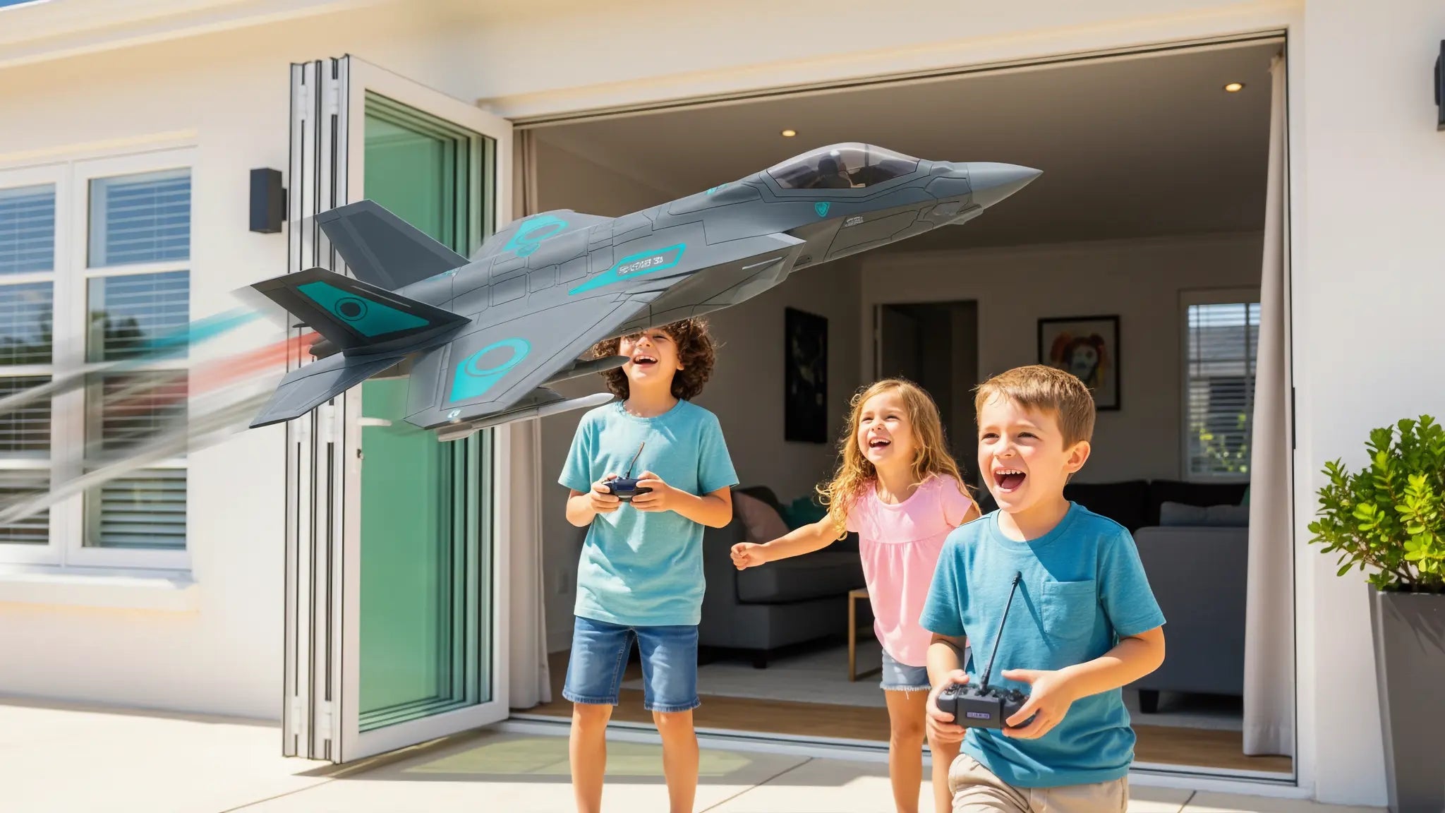 Three excited children playing with a remote control plane on their home patio, showing fun, active, off-screen outdoor play.