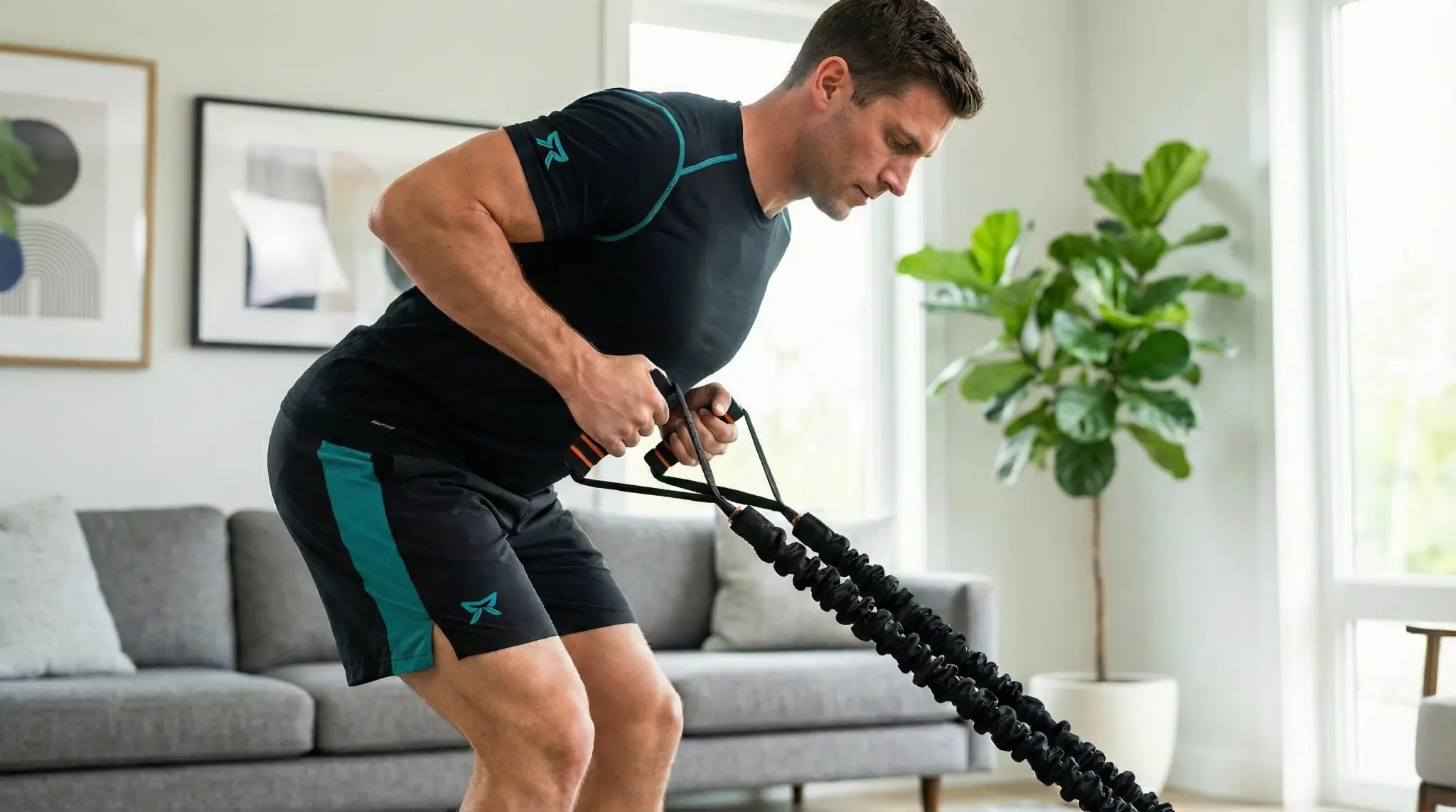 Man performing a bent-over row exercise with a heavy-duty nylon resistance band in a modern living room home gym.