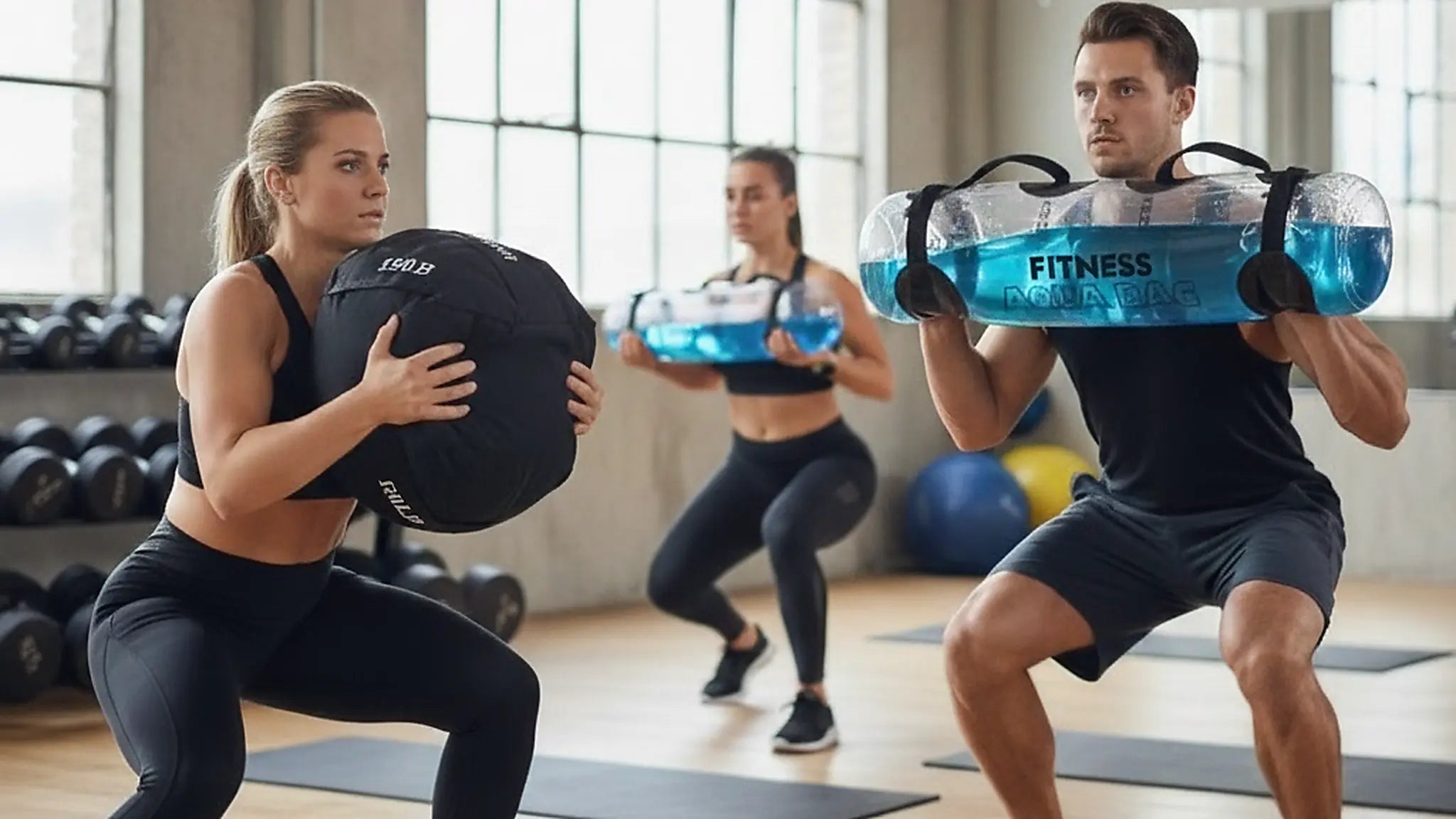 Dynamic fitness banner showing an athlete using a black sandbag for core stability and another person training with a translucent aqua bag, highlighting functional, unstable load training equipment for a challenging full-body workout.