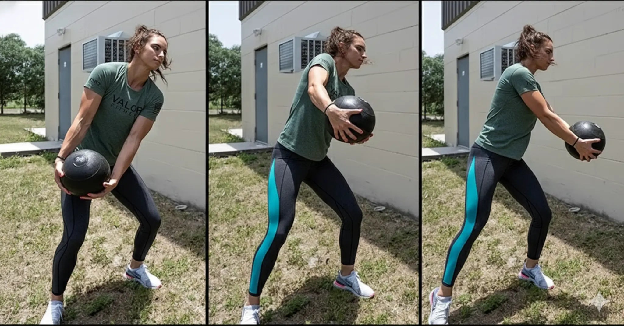 Woman in activewear with teal accents performing a dynamic three-panel rotational slam ball throw, emphasizing full-body explosive power and core strength.