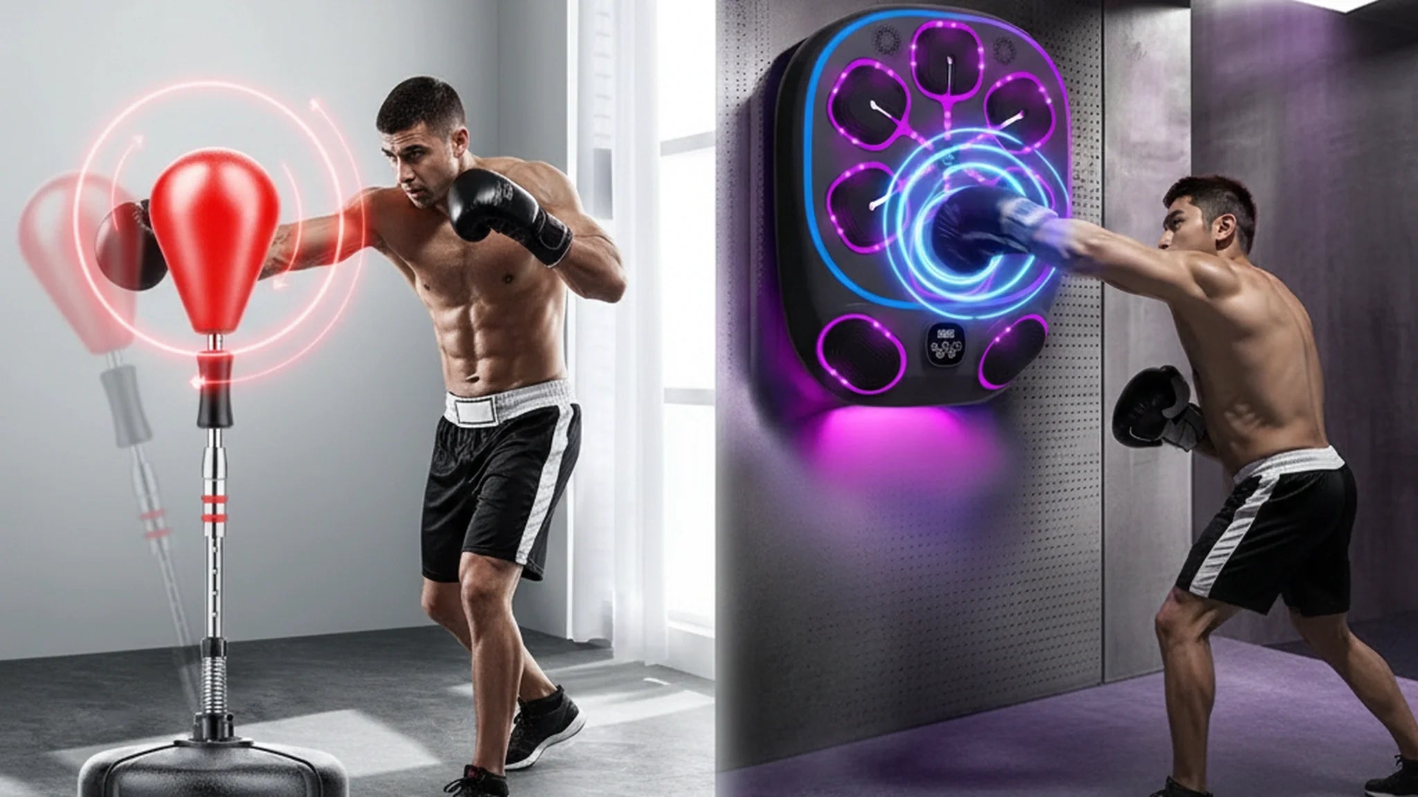 Dynamic split boxing banner showing a boxer training with a wall-mounted smart LED boxing machine on the right and another athlete using a freestanding speed reflex ball trainer on the left, highlighting modern, at-home boxing and fitness equipment.