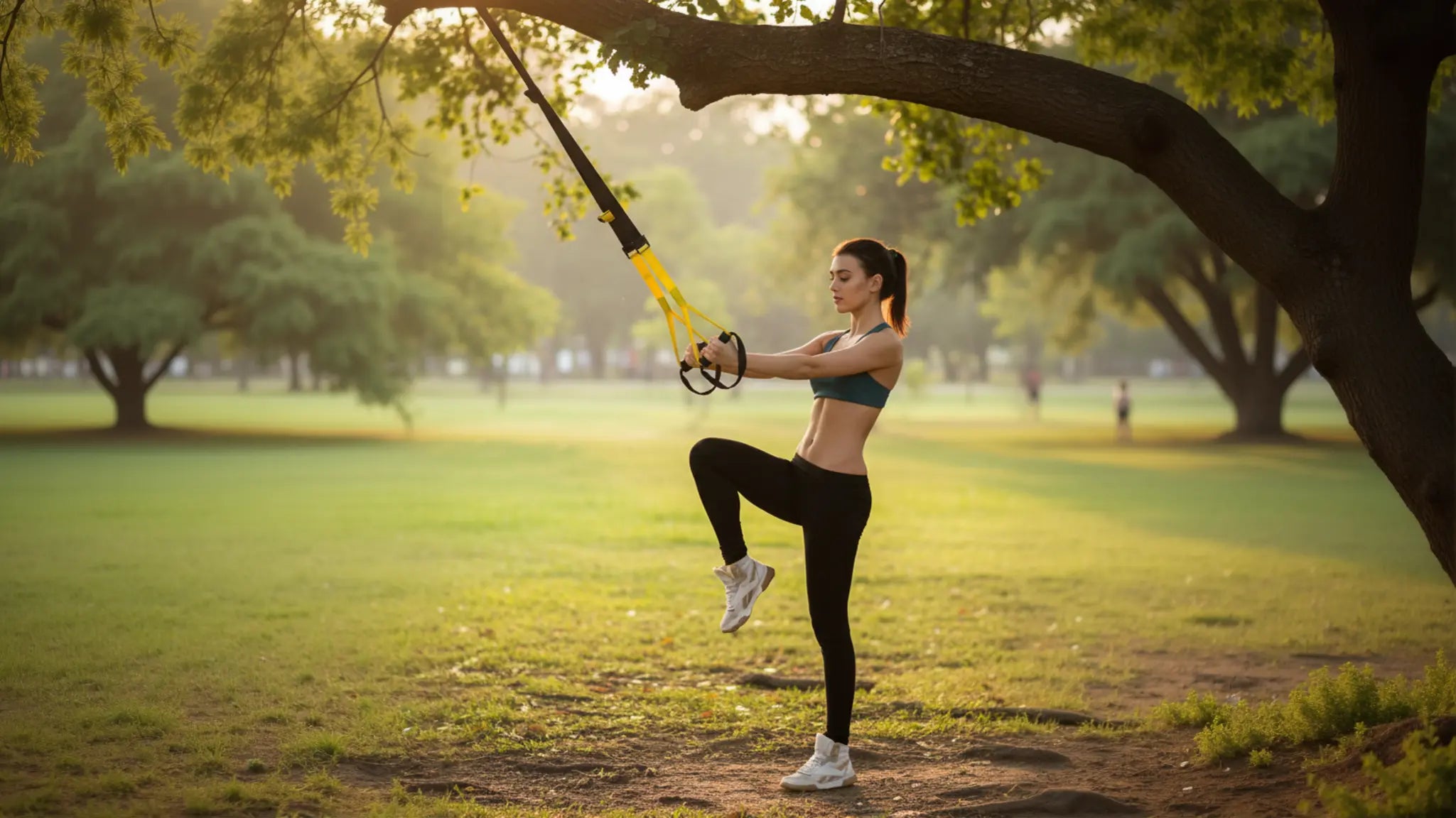 A woman performing a bodyweight pistol squat exercise using a yellow and black suspension trainer anchored to a large tree in a sunny park.