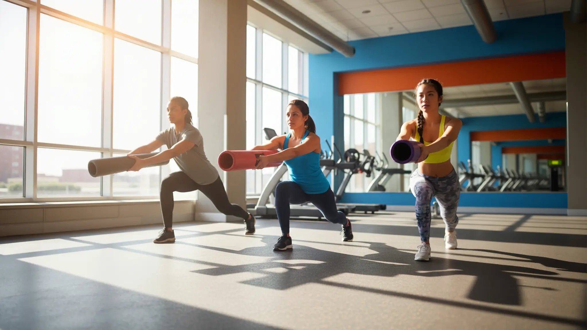 A group of three women in a bright, sunny gym performing dynamic forward lunges with ViPR functional training tubes.