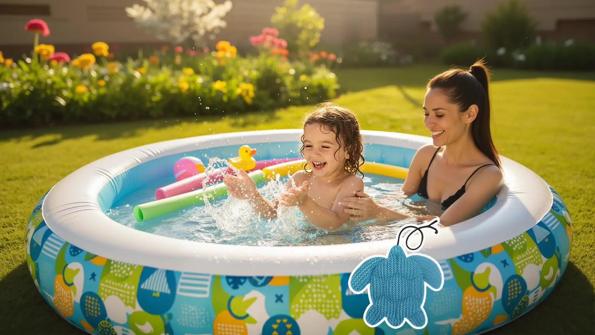 Mother and child playing happily in an inflatable pool with colorful floats. Shop water accessories and pool essentials.