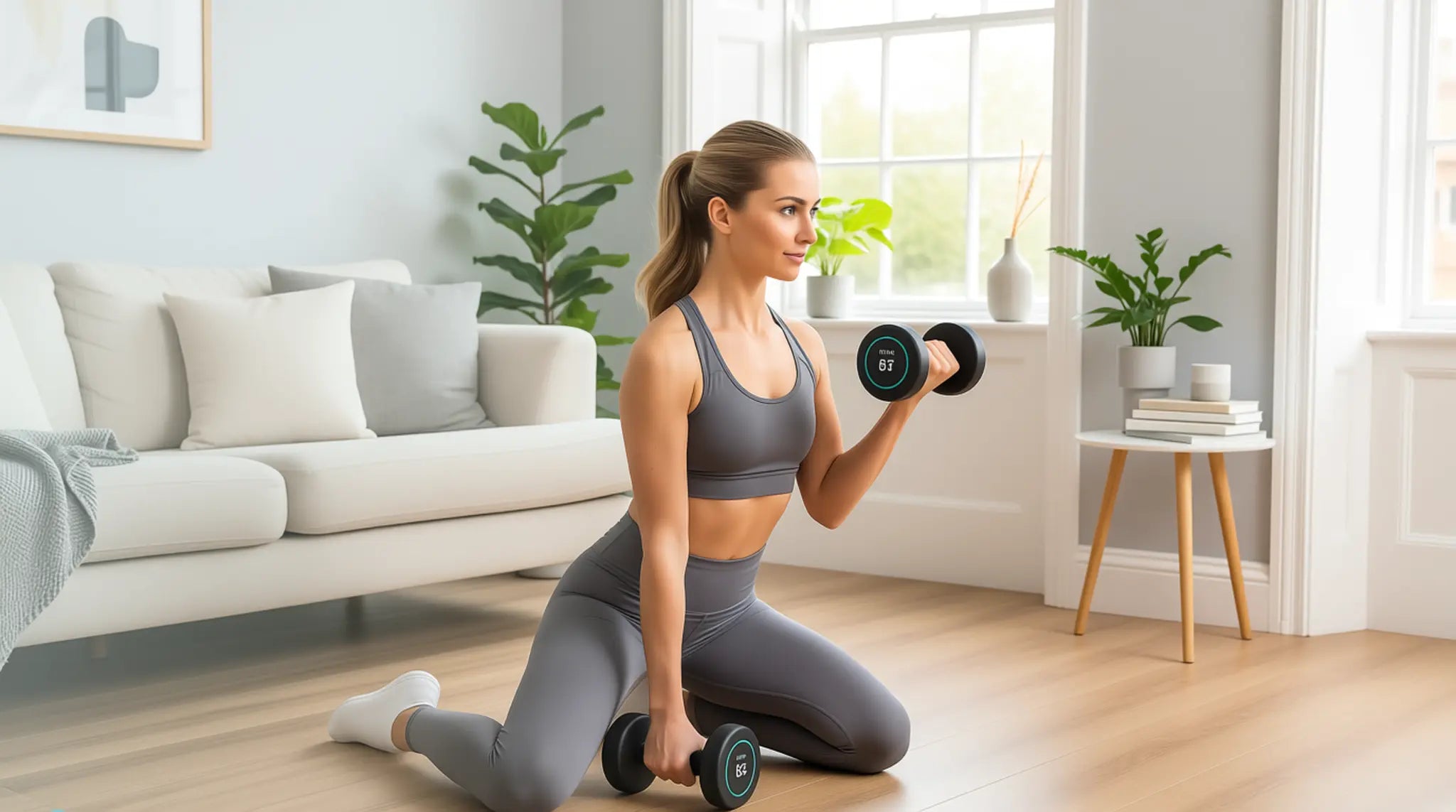 Woman doing strength training at home with light dumbbells in living room - beginner home workout equipment