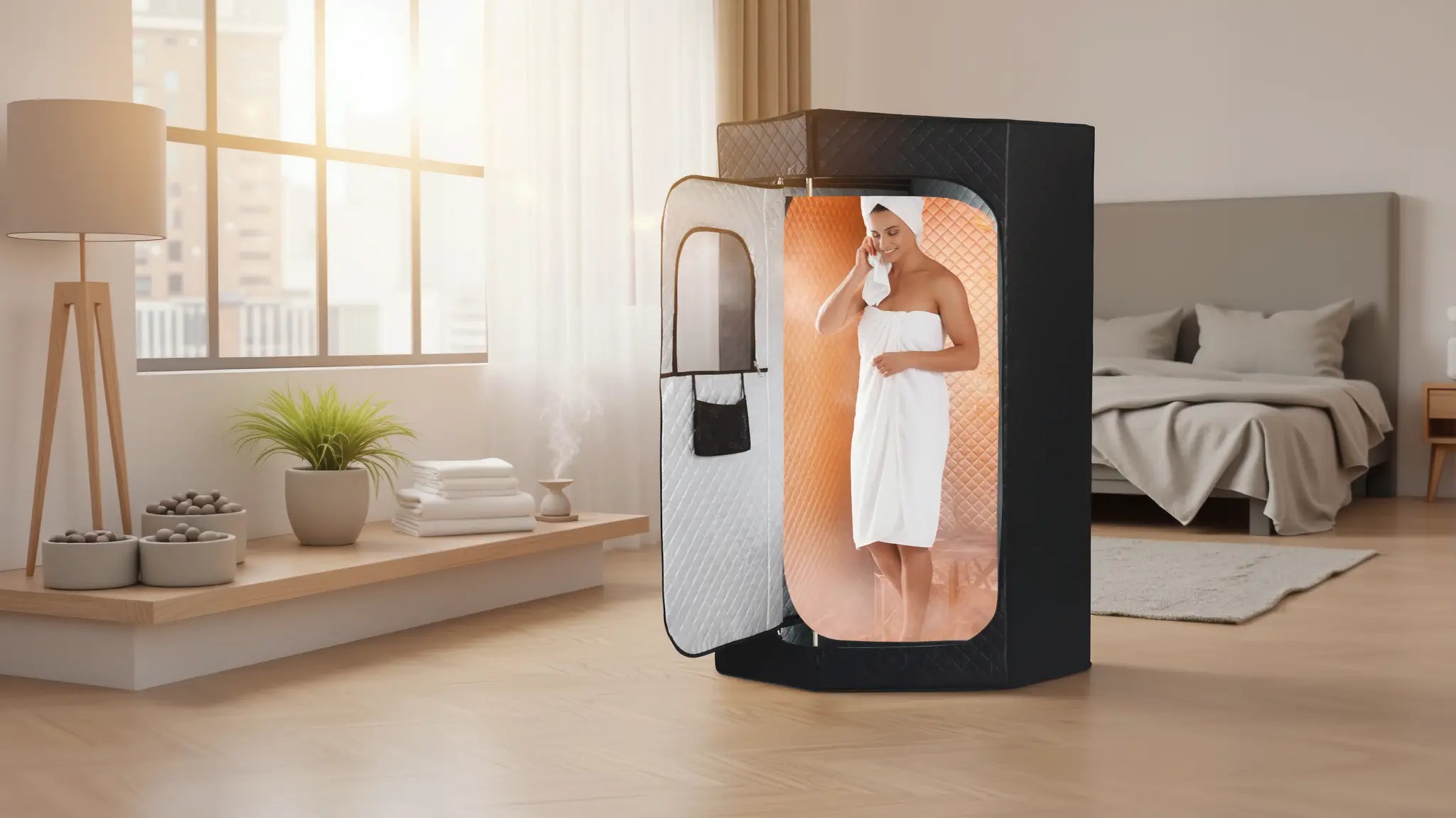 Woman relaxing in portable infrared sauna tent in modern bedroom with natural light
