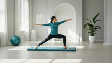 A woman in a warrior pose on a teal pilates mat in a bright, modern studio, with a large stability ball in the background.