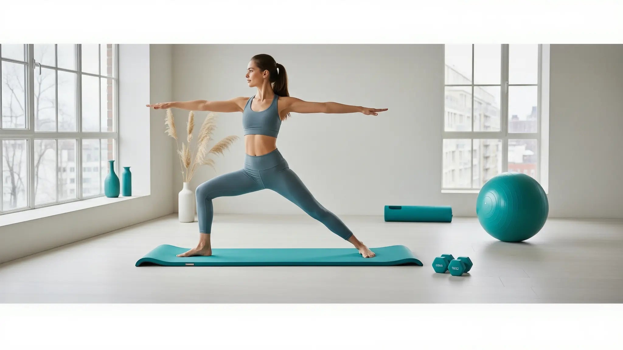 A woman in a warrior pose on a teal pilates mat in a bright, modern studio, with a large stability ball in the background.