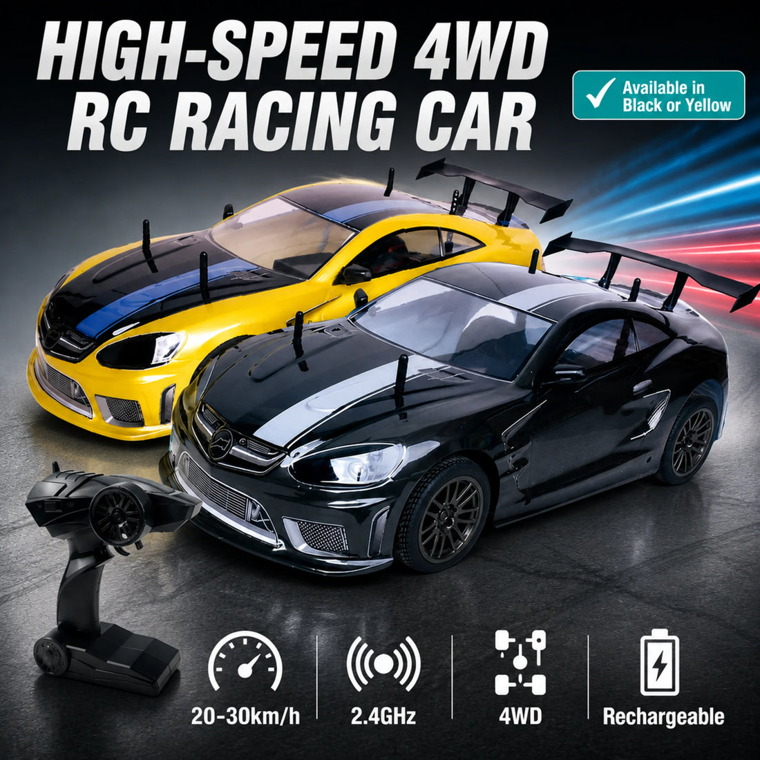 1:10 high-speed 4WD remote control racing car available in black or yellow with 2.4GHz controller