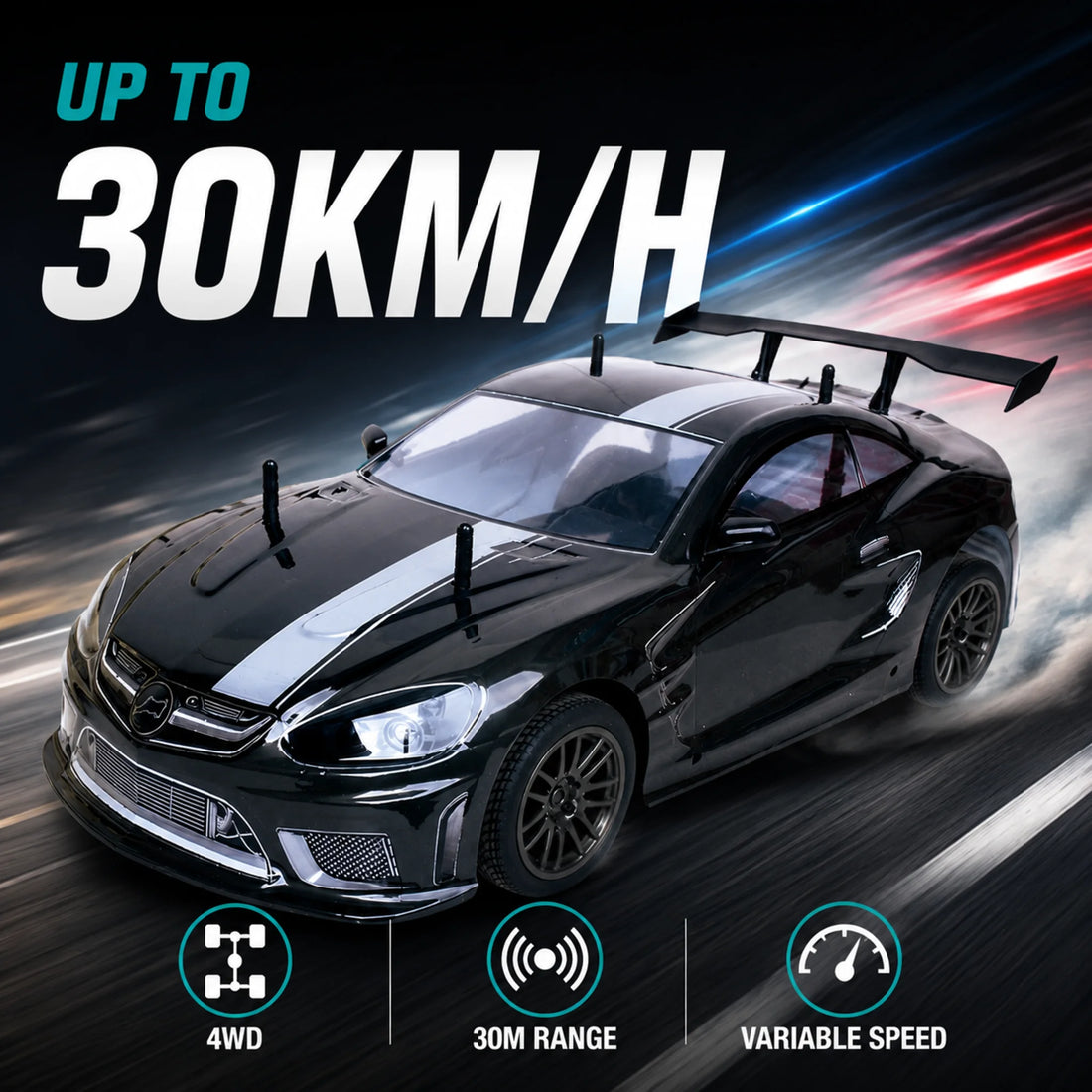 1:10 high-speed 4WD remote control racing car available in black or yellow with 2.4GHz controller