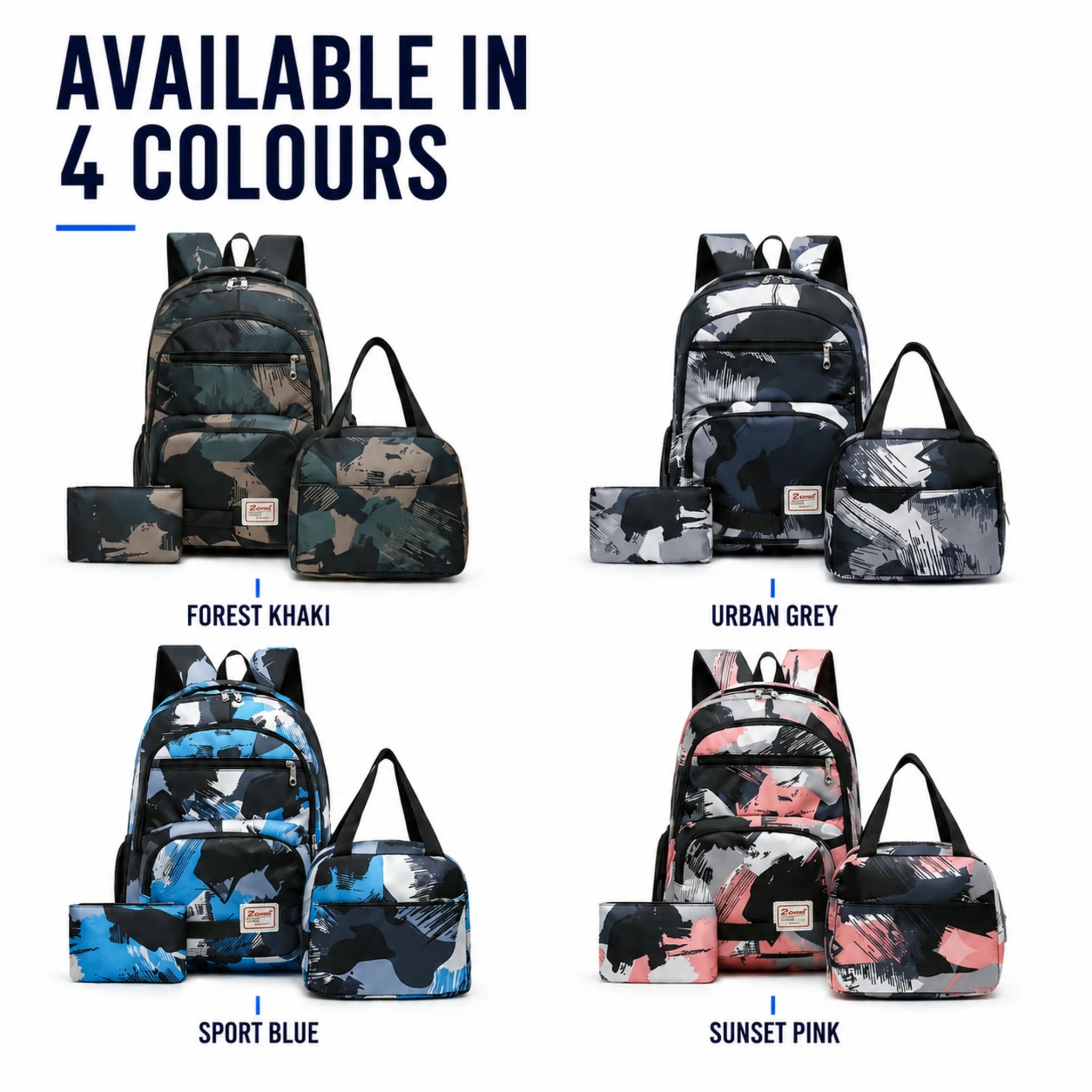3 piece backpack set available in Forest Khaki, Urban Grey, Sport Blue and Sunset Pink