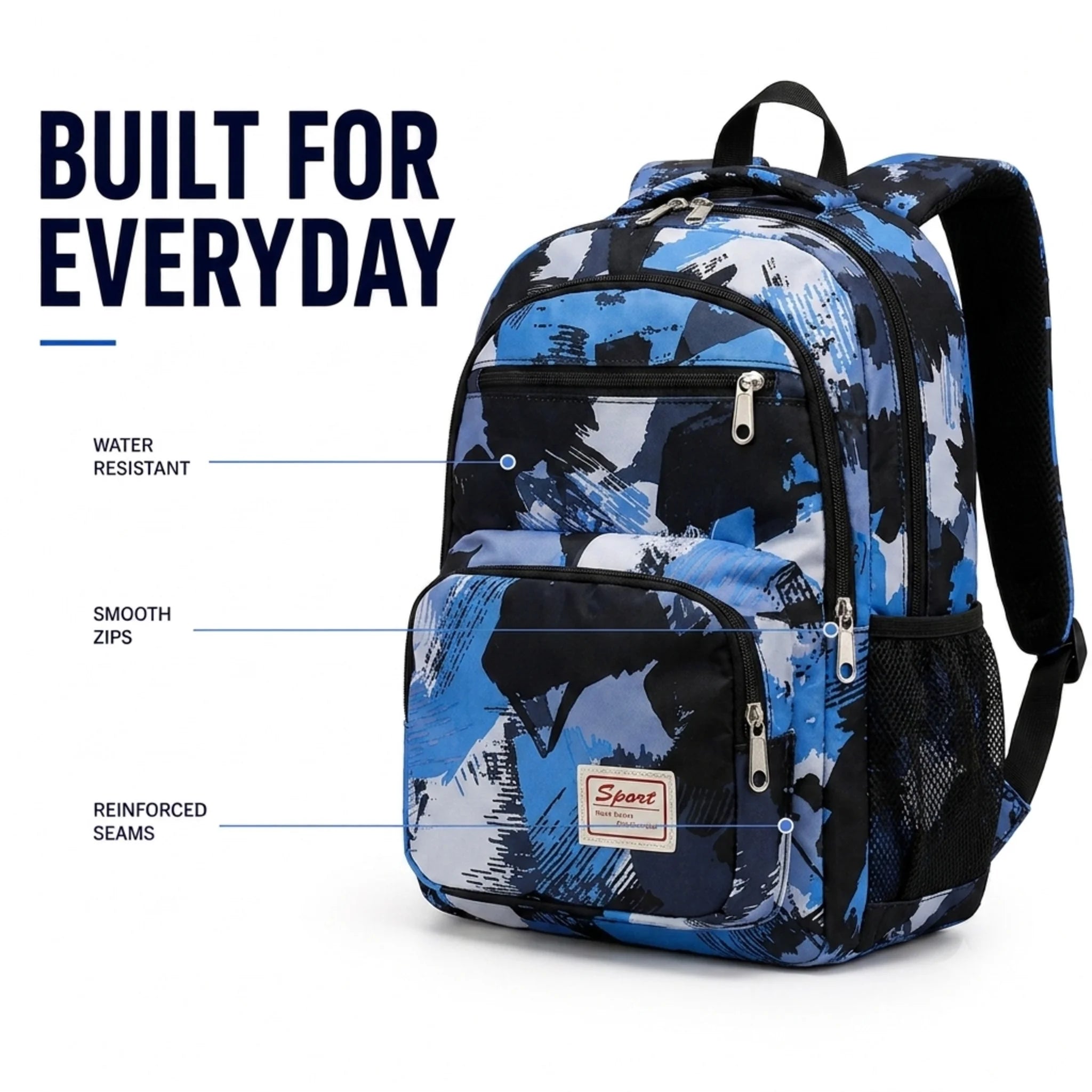 3 piece backpack set highlighting water-resistant fabric, smooth zips and reinforced stitching