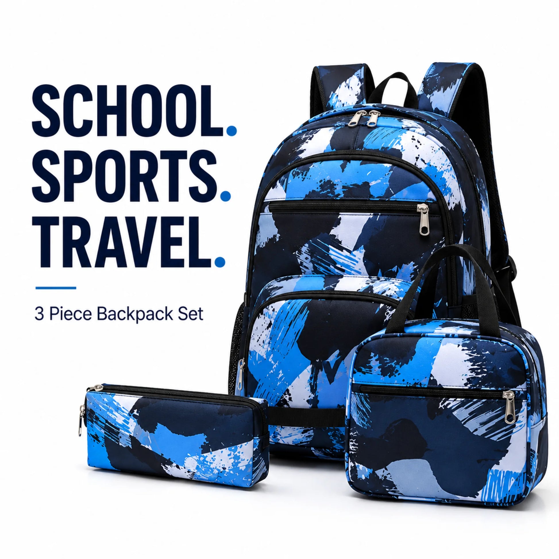 Blue 3 piece backpack set with matching lunch bag and pencil case