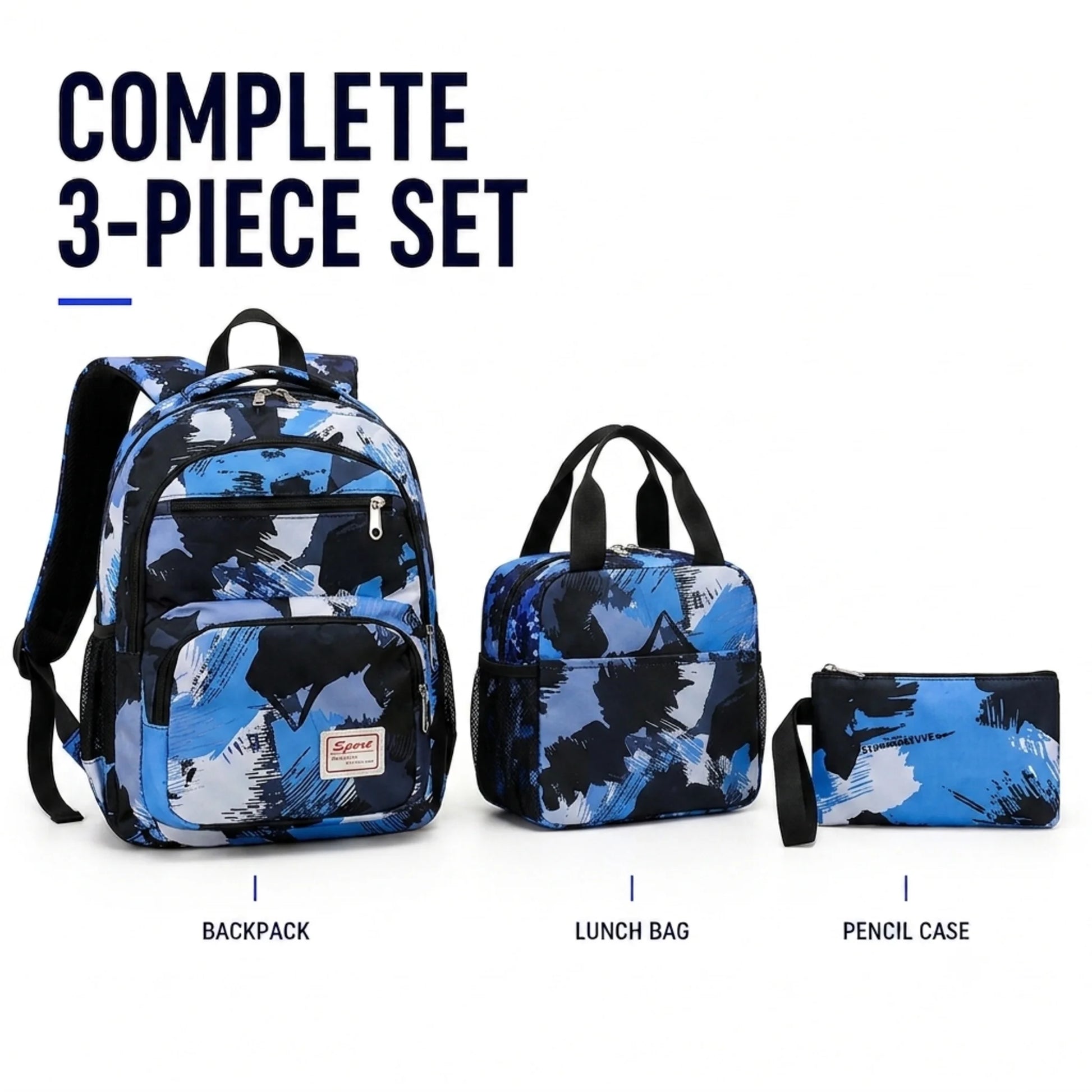 3 piece backpack set including backpack, insulated lunch bag and matching pencil case