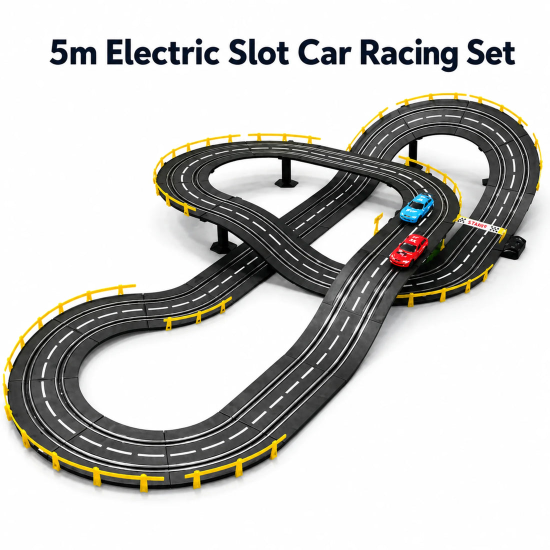 5m Electric Slot Car Racing Set on a white background with two LED racing cars and elevated track