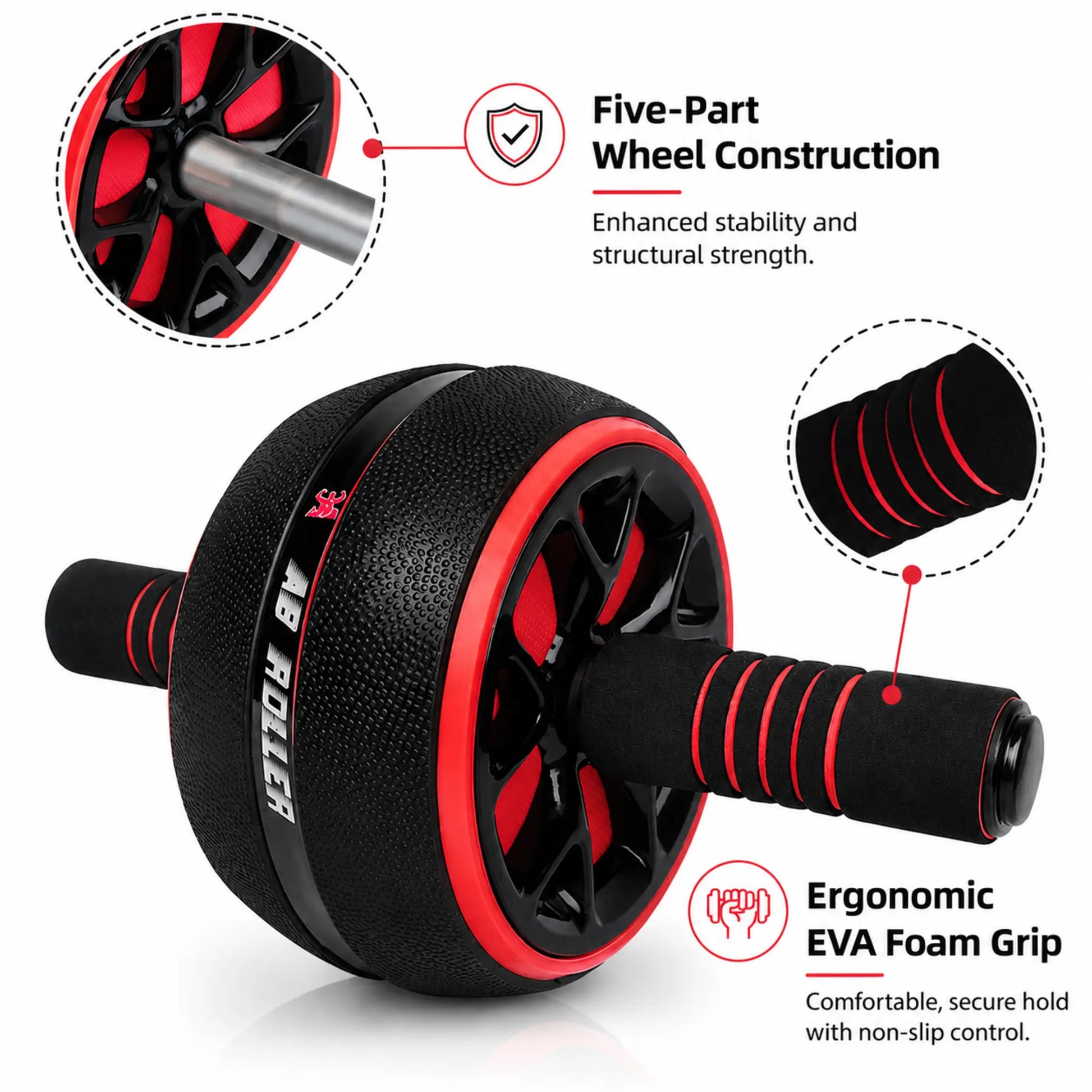 Close-up of five-part wheel construction and ergonomic EVA foam grip