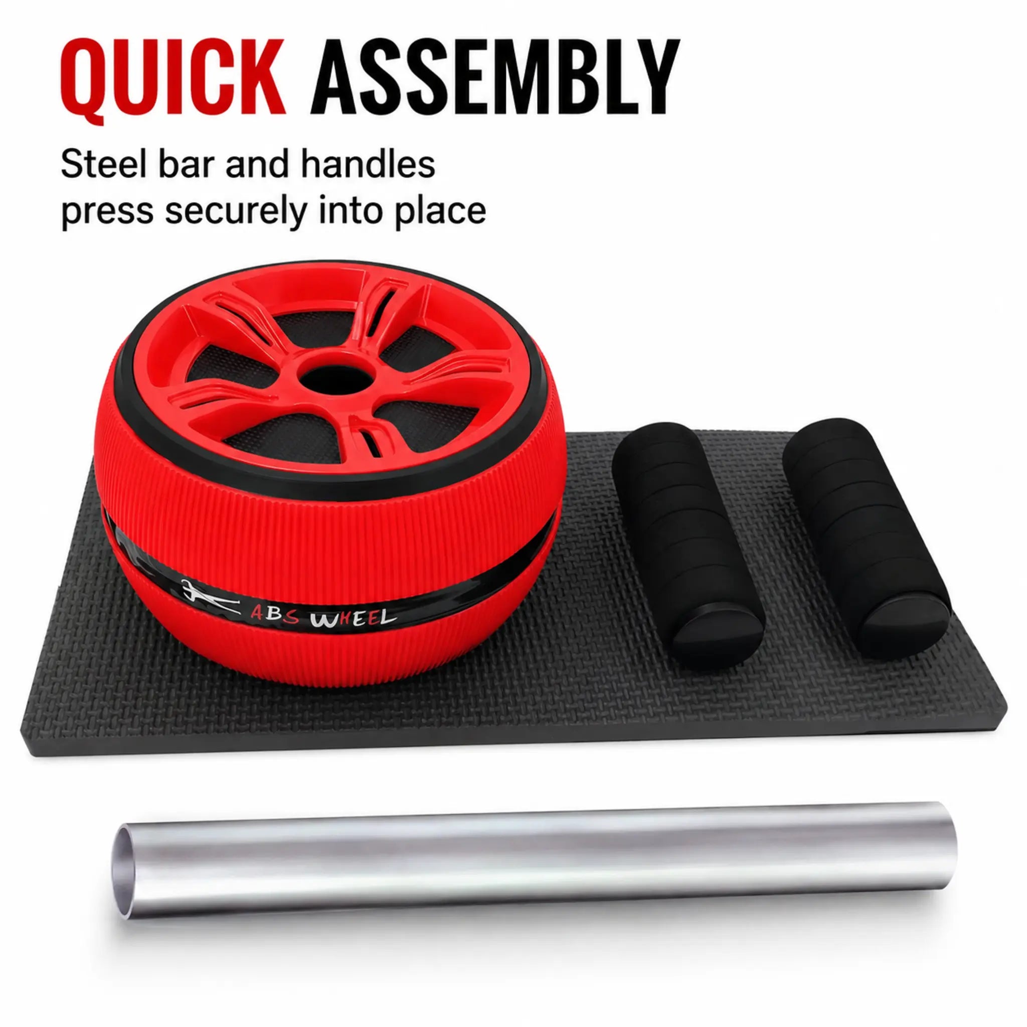 Ab wheel components showing quick assembly steel bar, foam handles and knee mat