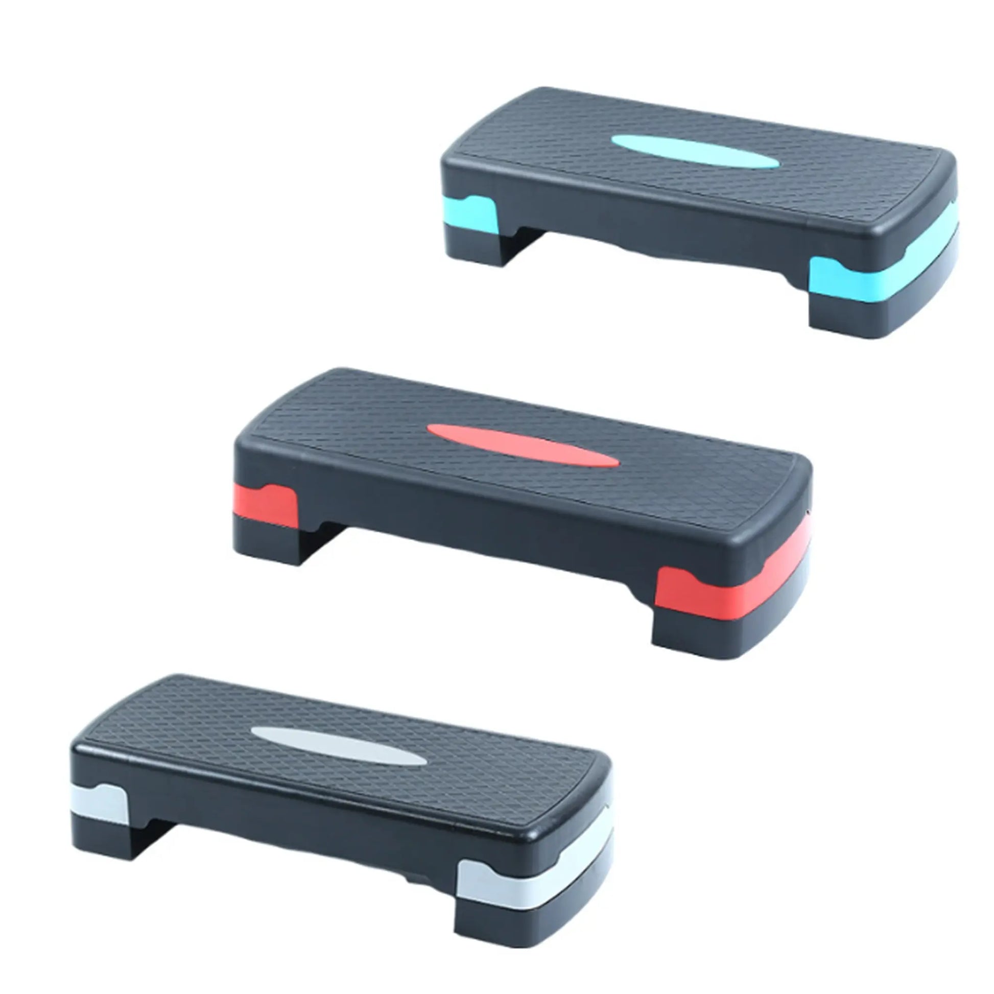 Three aerobic steps with different colour accents on a white background