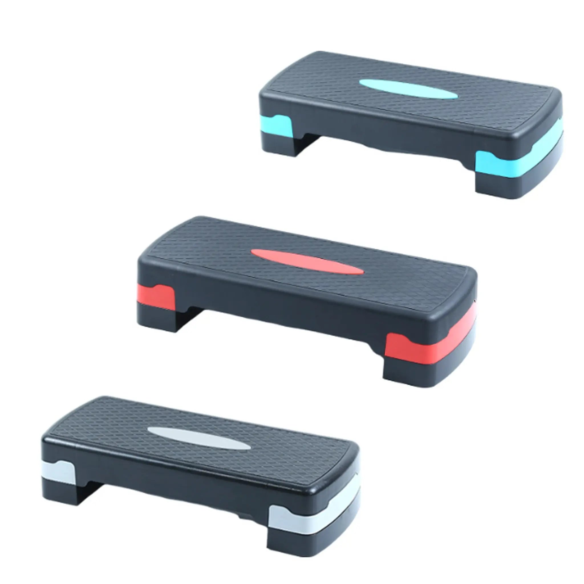 Three aerobic steps with different colour accents on a white background