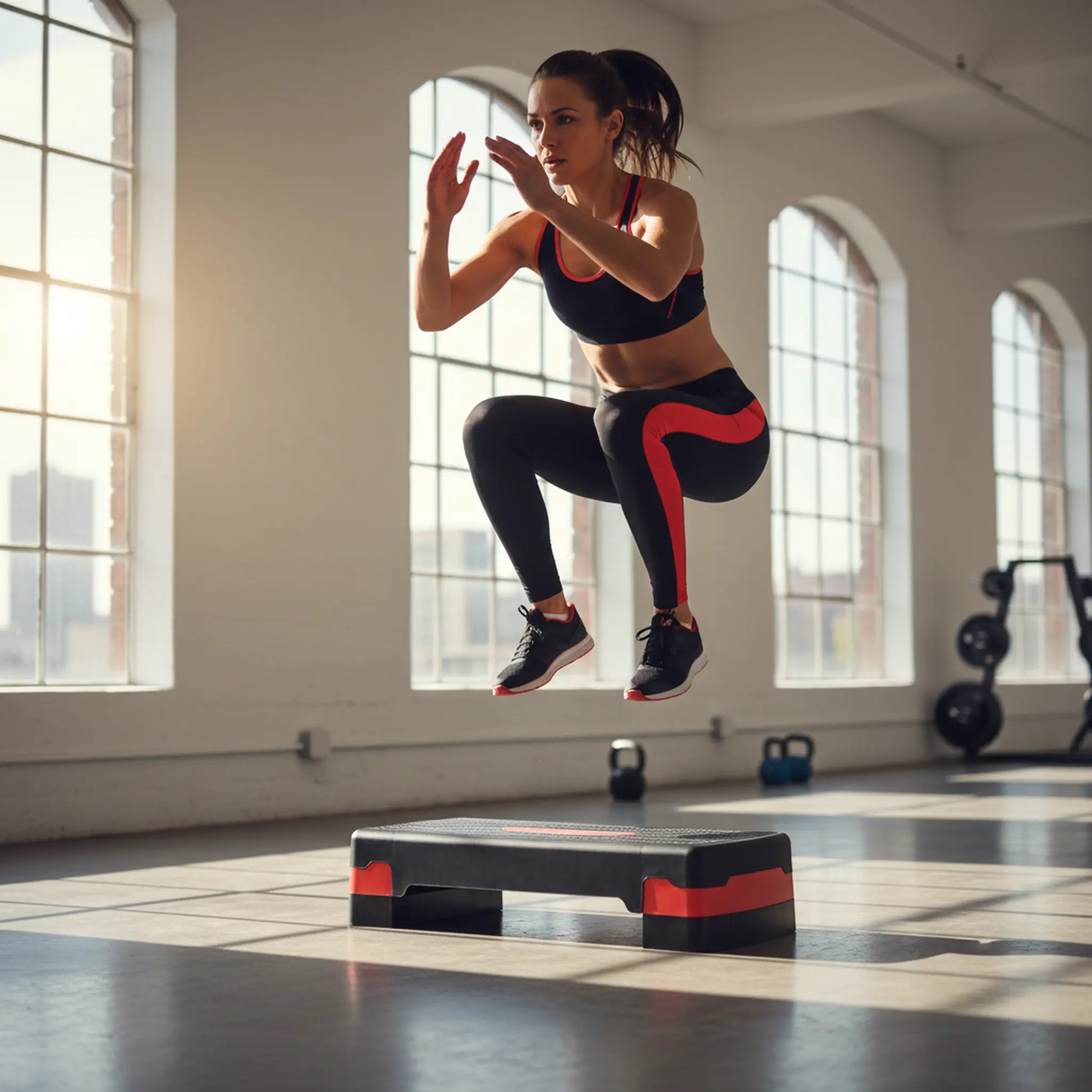 Woman exercising on a step platform in a gym with large windows.