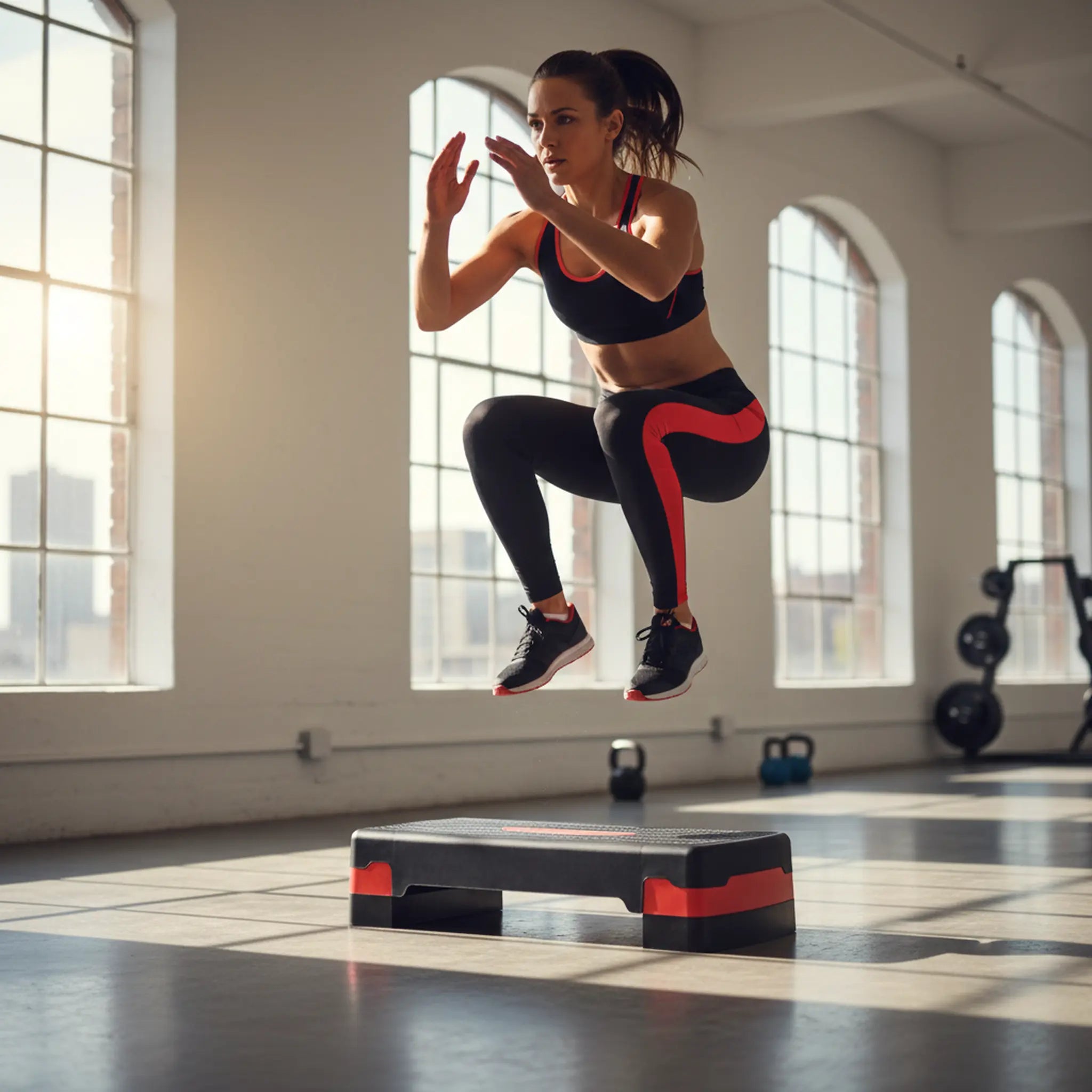 Woman exercising on a step platform in a gym with large windows.