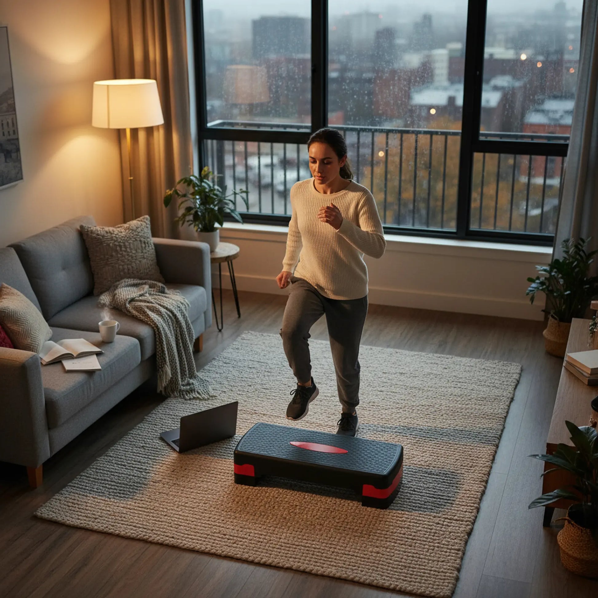 Woman exercising on an aerobic step in a living room with a city view.